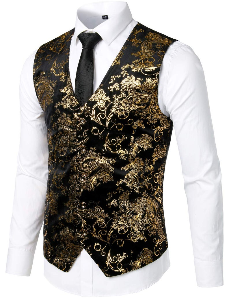 ZEROYAA Mens Hipster Gold Paisley Single Breasted Suit Dress Vest/Tuxedo Waistcoat Z49 Gold XX Large - Image 3